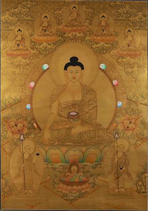 Shakyamuni Buddha Thangka Flanked By Dhyani Pancha Buddha | 24K Gold Style Original Hand Painted Thanka